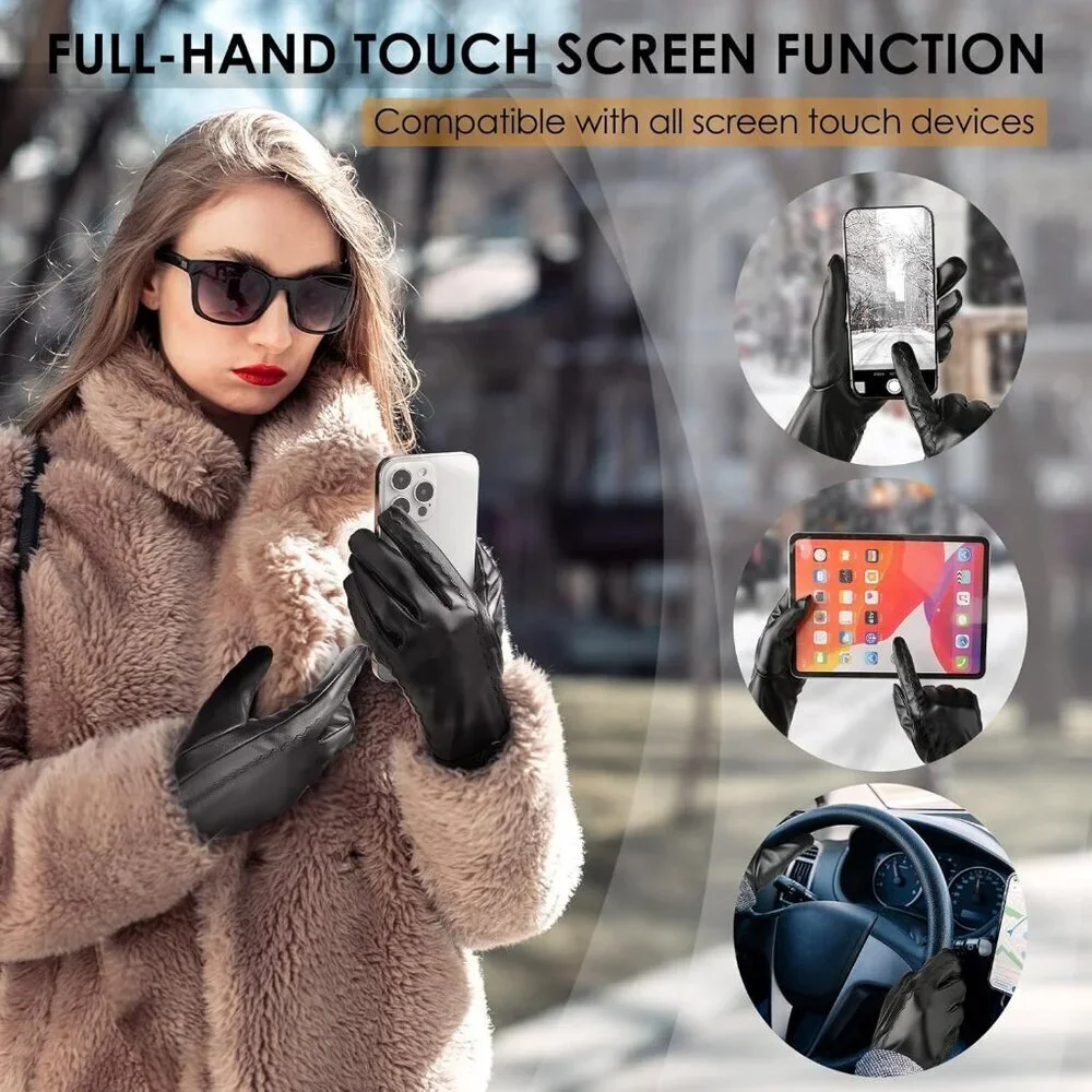 Women's black-medium Leather Winter Gloves Warm Touchscreen Cold Weather